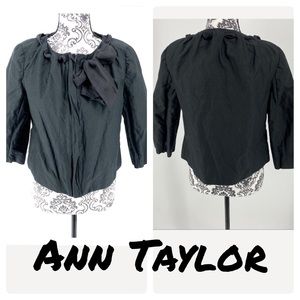 Ann Taylor black lightweight Bolero tie neck jacket metallic full zip work